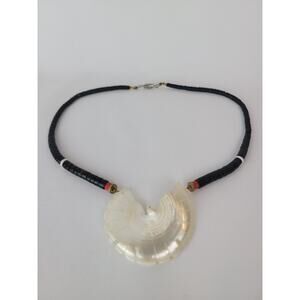 Carved Mother of Pearl "Thunderbird" Heishi Beaded Necklace Red & Black 19"